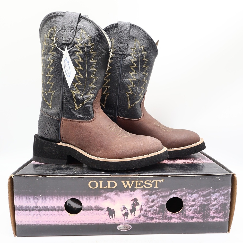 Old West 1606 Western Cowboy Boots Kids Size 1.5 Brown Black Leather NWT
